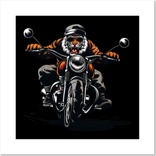 a badass tiger riding a classic motorcycle Posters and Art